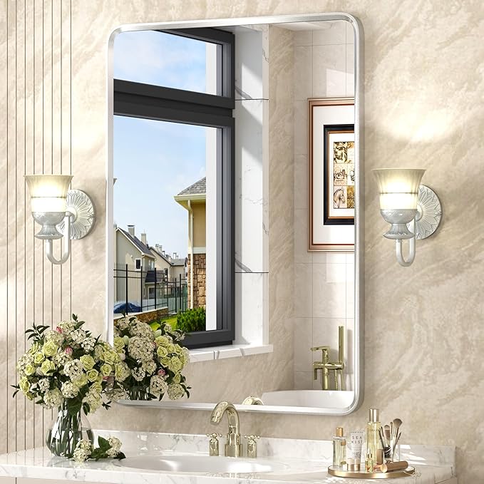 24x36 Inch Silver Framed Mirror, Silver Bathroom Vanity Mirror for Wall, Brushed Nickel, Rounded Rectangle Mirror, Shatterproof, Anti-Rust (Horizontal/Vertical)