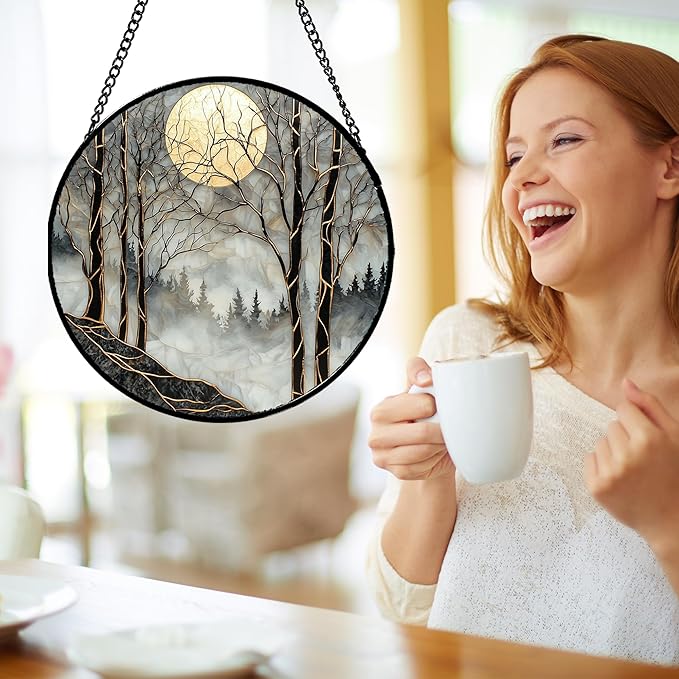 AMDERVEN Stained Glass Window Hanging - Black and White Gold Moon Forest Sun Catcher for Door Home Decor Suncatcher Christmas Mother's Day Birthday Gifts for Women Men Lovers Mom Nana 15 in
