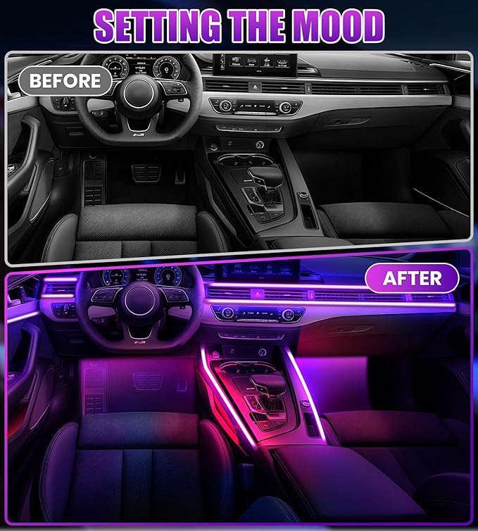 KENANEK 55.12’’ Acrylic Car Ambient Lighting Kit – 2 RGB LED Light Strips, APP/Remote/Control Box, Music Sync, Dual USB Cigarette Lighter, Universal Fit for Car/SUV/Truck