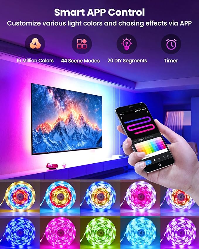 26.25ft RGB+IC LED Strip Lights for 75-100 Inch TV, Backlight Behind TV with Music Sync, Bluetooth APP & Voice Control, 44 Scene Modes, Ambient Lighting for Gaming, Bedroom, Living Room, Mood Lighting