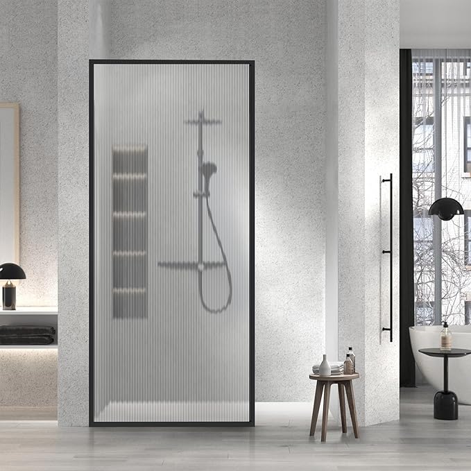 Shower Door 34" X 74" Clear Tempered Fluted Glass Framed Shower Screen Shower Panel for Walk-in Bathroom Shower, Matte Black Finish