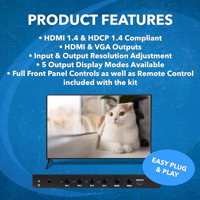Quad Multi Viewer 4 in 1 Out by OREI HDMI Switcher 4 Ports Seamless Switcher and IR Remote Support 1080P for PS4/PC/DVD/Security Camera, HDMI Switch VGA Output - HD-401MV