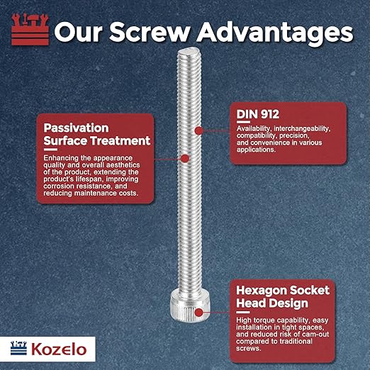 Kozelo 25pcs Socket Head Cap Screws - [M6-1 x 65mm] 304 Stainless Steel Allen Socket Drive for Electrical Motor 3D Printing Fan Engine Replacement Use, Silver