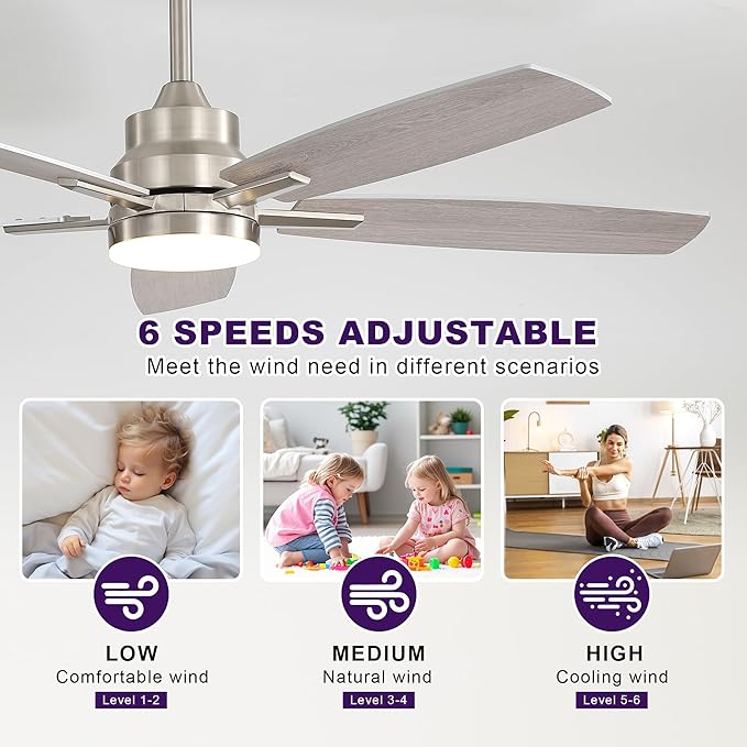 ARTPLAN 52" Ceiling Fan with Light and Remote, Noiseless DC Motor & Reversible Blades - Flush Mount LED Ceiling Fan for Bedroom, Living Room, Dining Room,Nickel