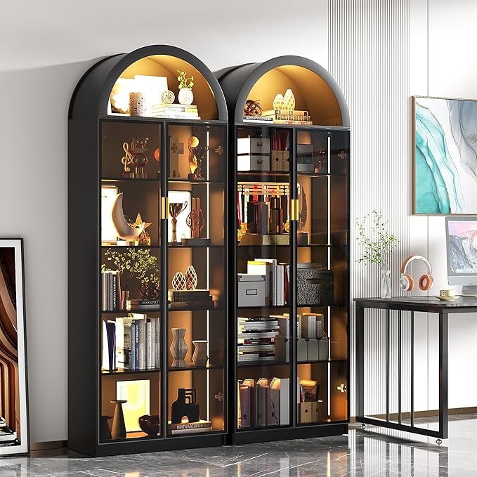Dystler Arch Display Cabinet with Doors and Adjustable Shelves, 76" Tall Curio Cabinet with LED Lights/Storage Space, 6 Tier Display Case Bookcase for Collectibles Bedroom Living Room Office, Black