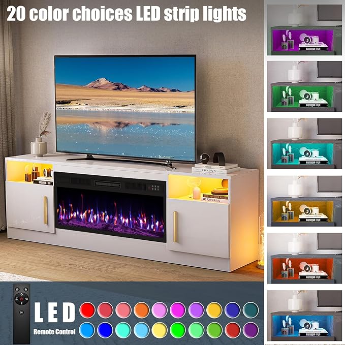 VITESSE Fireplace with TV Stand 36" inch Electric Fireplace Up to 80" TVs, LED Light Entertainment Center, 70" Modern Wood High Gloss with Highlight Storage Cabinet for Living Room (White)