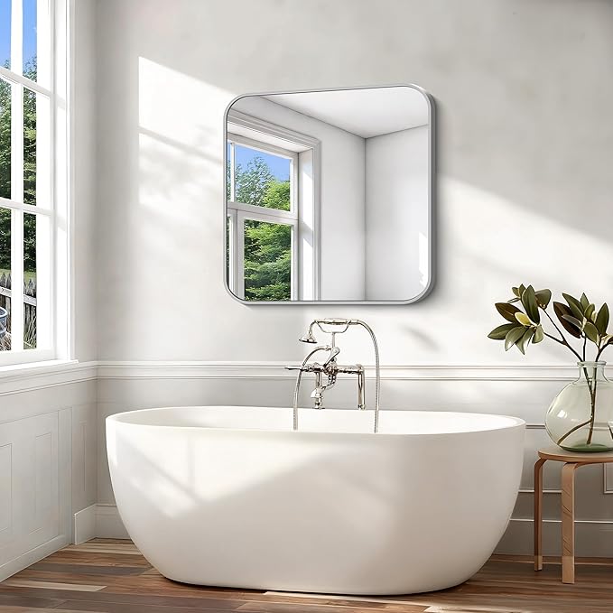 Silver Bathroom Mirror, 36 x 36 Inch Square Mirrors for Wall, Aluminum Metal Framed Vanity Mirror, Rounded Corner Wall Mounted Mirror for Over Sinks Living Room Bedroom Entryway