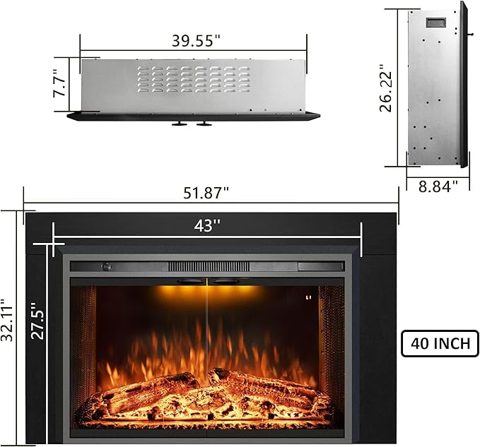 Velaychimny 52" Electric Fireplace Insert with Metal Trim Kit, Adjustable Flame, Fire Crackling Sound, Top Light Colors, Timer, Glass Door & Mesh Screen, Black
