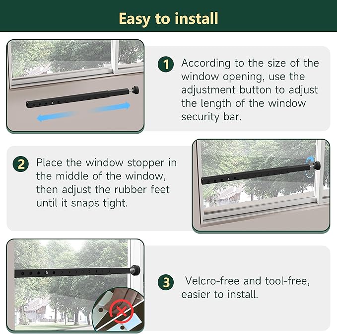 WooFog Adjustable Window Security Bars Vertical, Heavy Duty Sliding Patio Glass Door Lock Bar with Rubber Feet, 17-32 inch Window Safety Stopper for Up and Down Windows -Black 1 PCS Patented