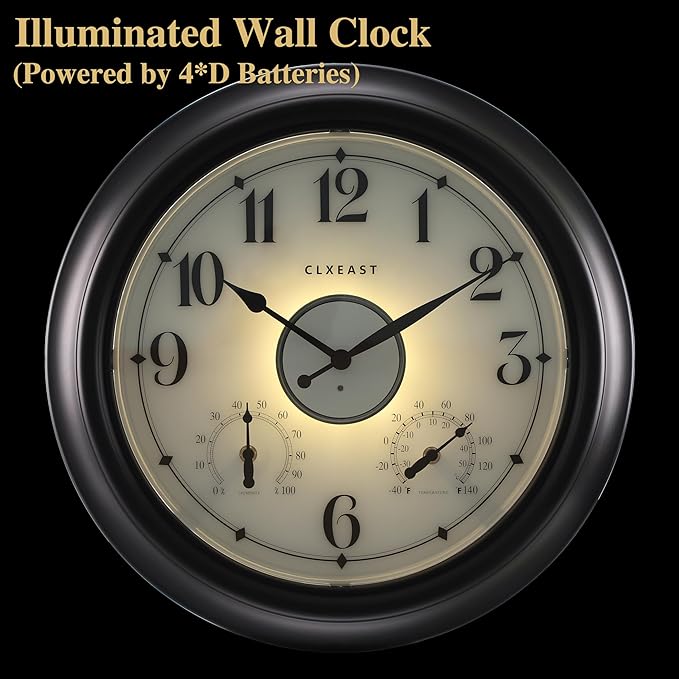 CLXEAST Illuminated Indoor Outdoor Clocks Waterproof 18 inch with Smart Night Light Sensor,Large Wall Clock with Thermometer & Hygrometer,Oil Rubbed Bronze Black,House Warming Gifts New Home