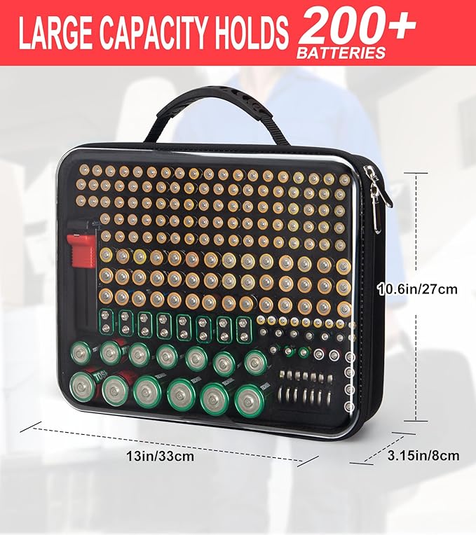 Glamgen Battery Organizer Storage Case with Tester,Stores & Protects Up to 200+ Batteries, Clear Cover with Easy Carry Handle, Garage Gadget Organization Holds AA AAA C D 9V