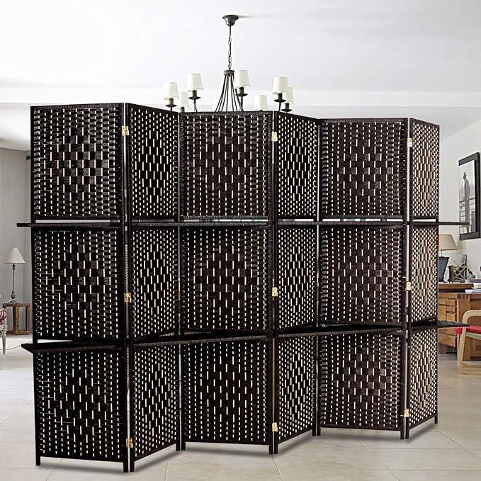 Bonnlo Upgraded Heavy Duty 6FT Tall Rattan Room Divider Screens with Partition Wall 2 Display Shelves, Indoor Folding Screen Dual-Sided Hinges for Home Office (6 Panels)
