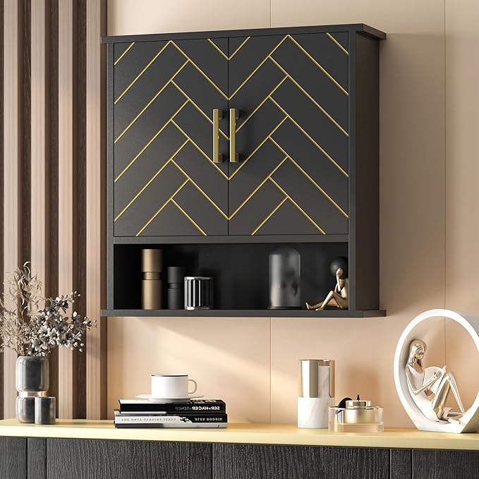 Black Chevron Pattern Bathroom Wall Cabinet, Modern Hanging Medicine Cabinet with Gold Hardware, Space-Saving Over Toilet Storage Organizer (23 5/8" x 22 7/8" x 7 1/8")
