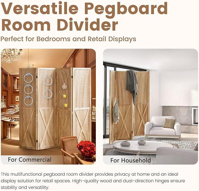 ALeesing 4 Panel Pegboard Wood Room Divider, 5.6Ft Pegboard Display Folding Privacy Screens, Peg Board Display Freestanding for Trade Show Craft Show Home Wall Organizer, Light Brown