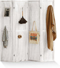 Asnefeli Pegboard Display Room Divider with 16 Hooks, 4 Panel 5.6Ft Wood Room Divider Folding Privacy Screen, Portable Freestanding Wall Organizer for Retail Craft Art Display Board, White