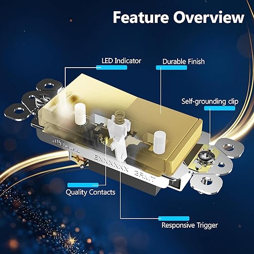 LIDER Minimalist Design Matte Finish Lighted Decorator Switch, Frameless Paddle Light Switch with Locator Light, Grounding Screw, 15A 125V, UL Listed, LS15-1P-GD2P, Gold, 2 Pack