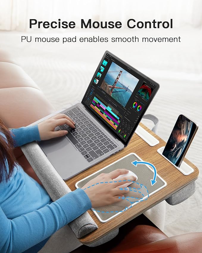 HUANUO Lap Desk - Fits up to 17 inches Laptop Desk, Built in Mouse Pad & Wrist Pad for Notebook, Laptop, Tablet, Lap Stand with Tablet, Pen & Phone Holder, Brown Woodgrain