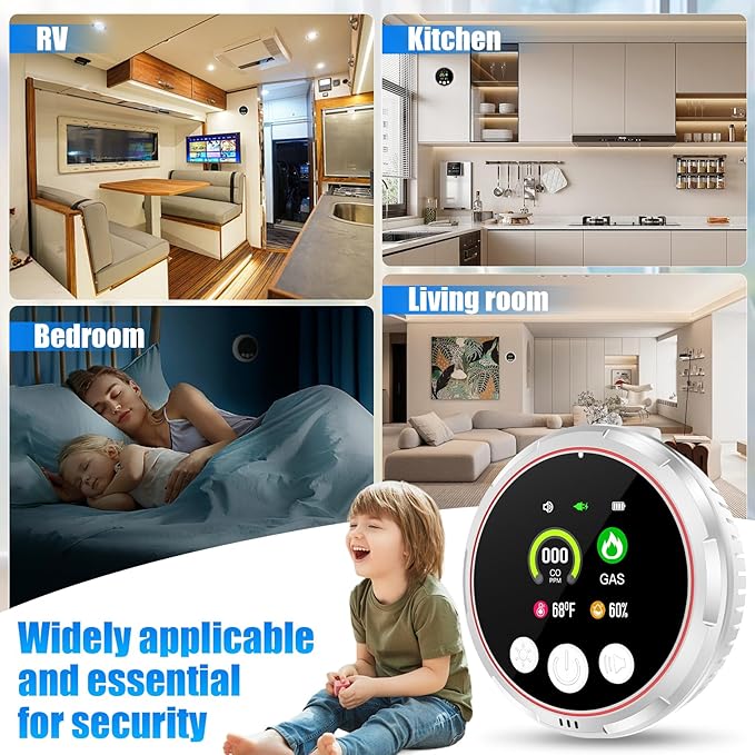 3 Pack 4-in-1 Carbon Monoxide Detectors &Natural Gas Leak Detector, Portable Carbon Monoxide Detectors Plug in & Battery Backup, HD Screen Display