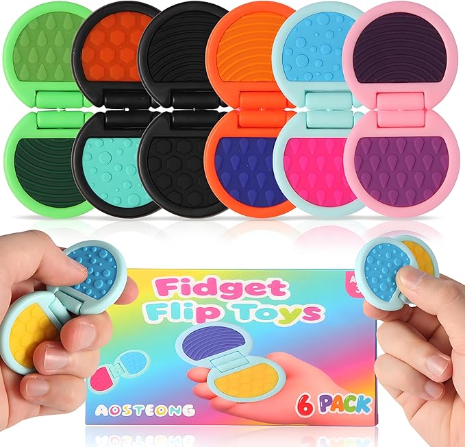 Fidget Toys Adults, Sensory Toys for Kids with Autism, Anxiety Relief Items for ADHD Stress Relief, Texture Worry Stone for Teens & Flip Slider - Treasure Box Toys for Classroom (6pcs)
