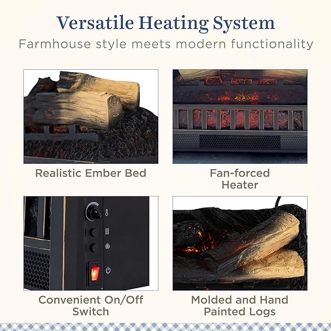 Country Living Electric Fireplace Logs, 20” LED Electric Fireplace Inserts with Infrared Heater, Electric Heater Heats up to 400 Sq. Ft., Remote Controlled Infrared Heaters for Indoor Use, Log Set