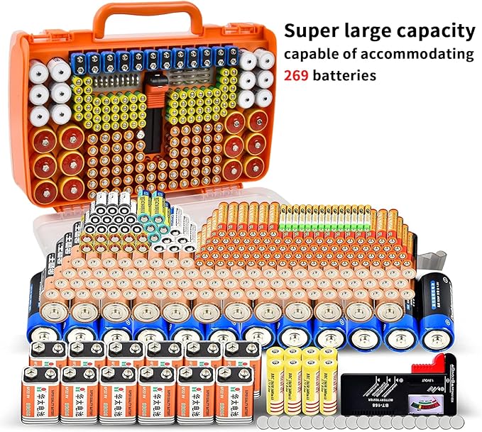 Aptbyte Battery Organizer Storage Holder Box Case with Tester- 269 Batteries Double-Sided Variety Pack, Holds AA AAA 4A C D Cell 9V 3V Lithium LR44 CR2 CR123 CR1632 18650 Button- Orange (Box Only)