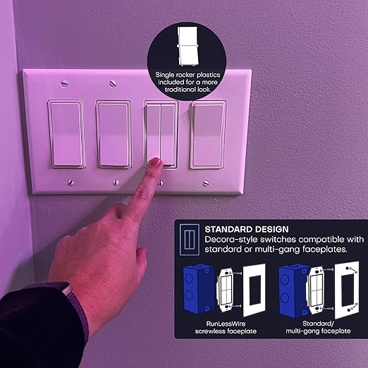 RunLessWire Click for Philips Hue – Battery-Free Wireless Smart Light Switch, 30ft Range – Works Natively with Philips Hue Bridge – Wall Mount Kinetic Switch - Decora Style, White 3 Pack
