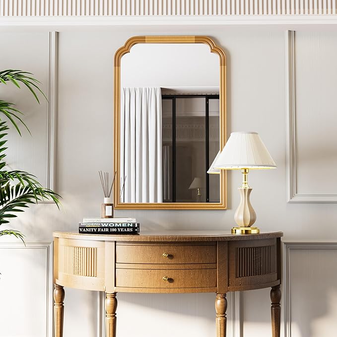 Wood Frame Wall Mirror for Bathroom, Rounded Corner Arch Rectangle Mirror for Entryway, Living Room or Bedroom Home Decor - Light Woodgrain [20" x 30" Natural Color]