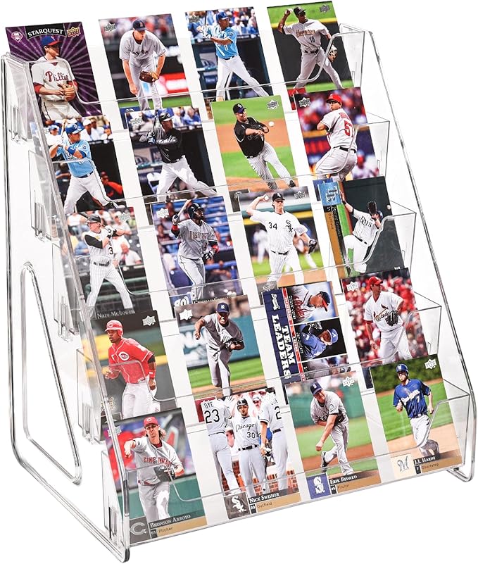 CELSOL 2 Pack Upgraded 5 Tier Acrylic Card Display Stand, Clear Display for Greeting Cards, Sports Cards, Postcards, Stickers & Brochures, Easy Snap-On, Increased Height & Thickness for Better Presentation