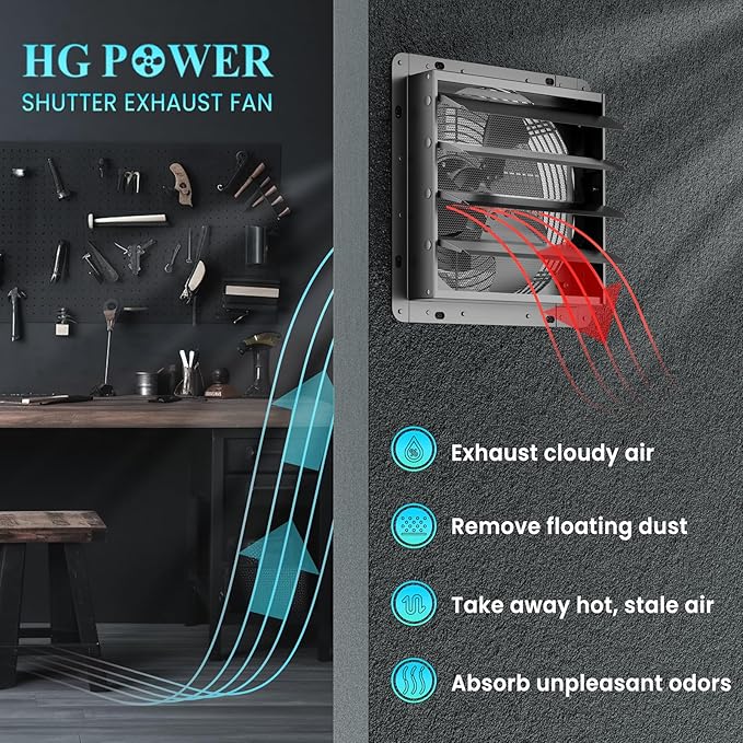 HG Power 14 Inch Shutter Exhaust Fan with Speed Controller, 882CFM High-Speed Vent Fan, 1400RPM Wall Mounted Attic Fan with Steel for Shed, Garage, Greenhouse Ventilation, Black