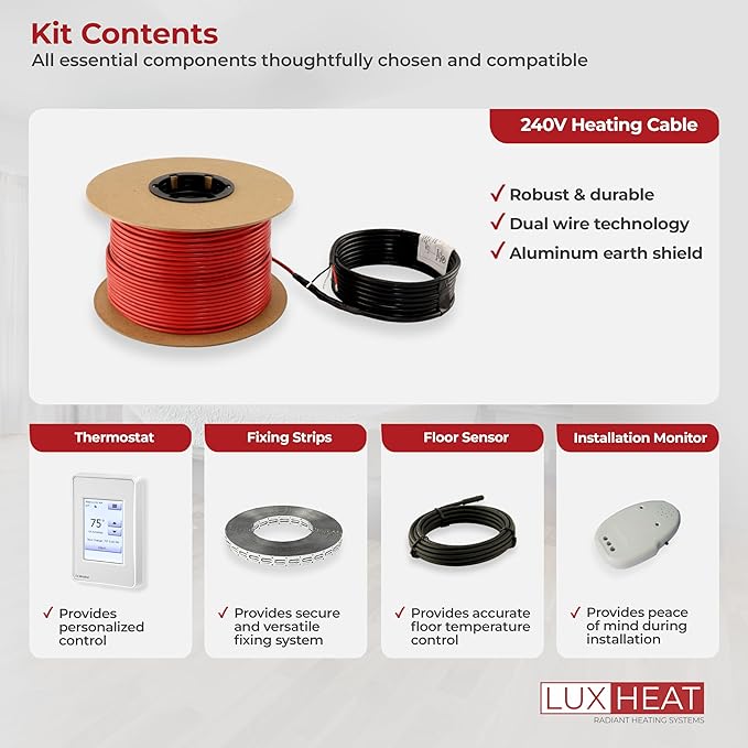 LuxHeat 80sqft Floor Heating Cable Kit - 240v Radiant Floor Heat System - Heated Flooring System Includes UDG4 Programmable Thermostat w/GFCI, Heating Cable, Strapping, Flooring Sensor & Alarm