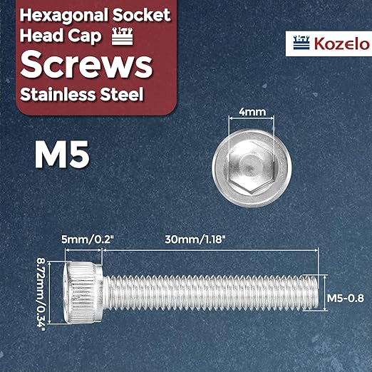 Kozelo 40pcs Socket Head Cap Screws - [M5-0.8 x 30mm] 304 Stainless Steel Allen Socket Drive for Electrical Motor 3D Printing Fan Engine Replacement Use, Silver