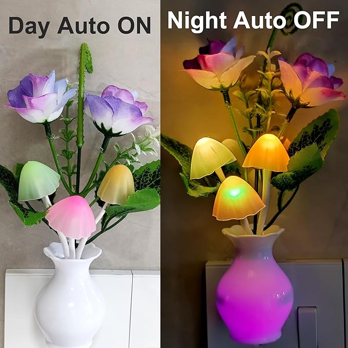 AUSAYE 3Pack Sensor Night Lights Plug into Wall Rose Flower Light, Led Lamp Dream Nightlight Mushroom Night Lights for Kids Adults Room,Bathroom,Kitchen,Hallway
