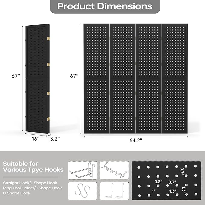 DURASPACE 4 Panel Room Divider 5.6 FT Pegboard Display Folding Wood Privacy Screen Pegboard Stand Organizer for Jewelry, Craft, Cloth, Art Display (Black)