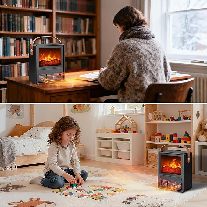 FLAME&SHADE Portable Electric Fireplace Heater for Indoor Use, Fire Place Heaters with 3D LED Flame Overheat & Tilt Protection, Space Heater Small Fireplace for Home Office Christmas Decoration, Black