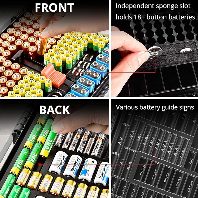 Aptbyte Battery Organizer Storage Holder Box Case with Tester- 269 Batteries Double-Sided Variety Pack, Holds AA AAA 4A C D Cell 9V 3V Lithium LR44 CR2 CR123 CR1632 18650 Button- Grey