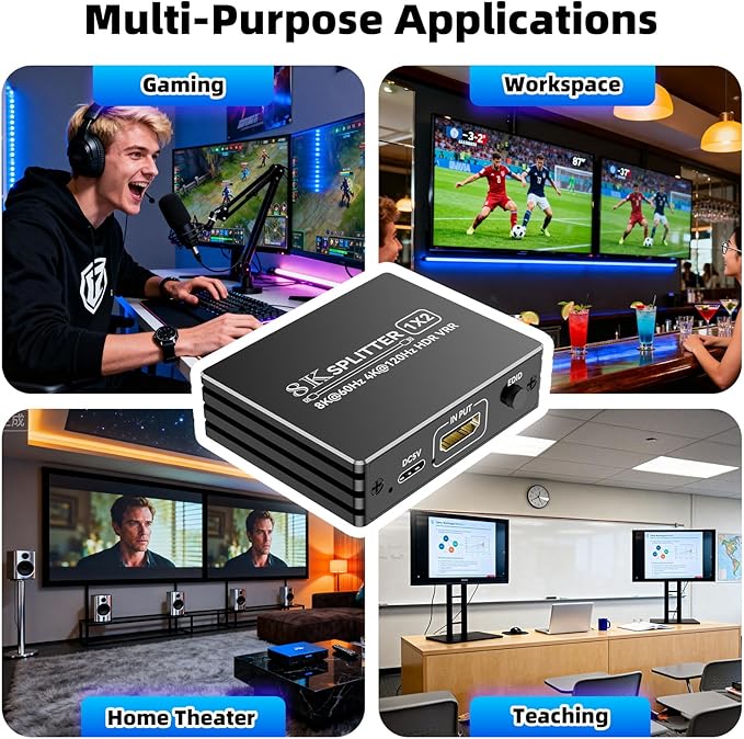 HDMI 2.1 Splitter 1 in 2 Out 4K 120Hz 8K 60Hz with Audio Out, BolAAzuL 1x2 HDMI Y Splitters Powered Plug&Play for Dual Monitors Duplicate, Zero Latency, Support HDCP 2.3 HDR for PS5/Xbox/PC/TV