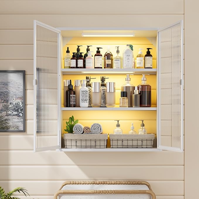 Bathroom Wall Cabinet Over Toilet, Metal Laundry Room Cabinets Wall Mounted, Metal Medicine Cabinets with Glass Doors, Hanging Wall Cabinets for Living Room, White