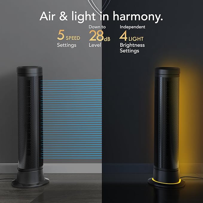 Vornado ARA® Oscillating Tower Fan with Ambient Light and Remote, 40 Inch, Quiet Powerful Standing Fan, 5 Speeds, Touch Control, Illuminated Air Circulator Fan for Bedroom and Home, Black