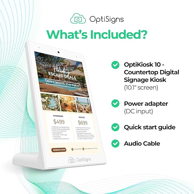 OptiSigns OptiKiosk 10 - Countertop Digital Signage Kiosk, 10.1" HD Touchscreen Display with Wi-Fi, Ethernet & Bluetooth, Software, Optional Background Music