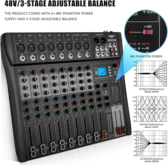 6 Channel Professional Audio Mixer with 48V Phantom Power, USB Audio Interface, Bluetooth & MP3 Player, Sound Board for Podcast, Home Studio, Live Streaming & Recording