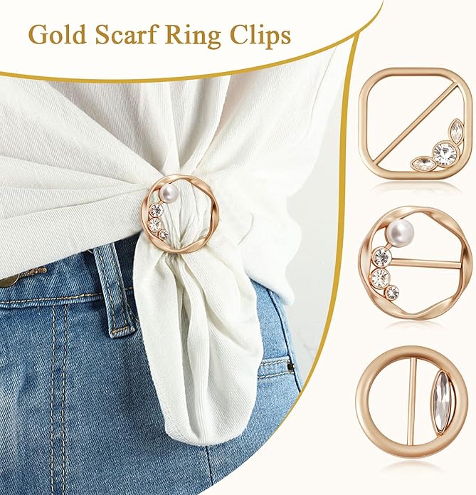 T-Shirt Clips 9 PCS, Clothes Corner Knotted Button, Fashion Alloy Pearl Rhinestone Circle Clip Buckle Round Shirt Silk Scarf