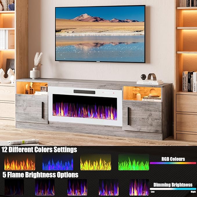 VITESSE TV Stand Fireplace with 36" inch Electric Fireplace Up to 80" TVs, LED Light Entertainment Center, 70" Modern Wood High Gloss with Highlight Storage Cabinet for Living Room (Gray)