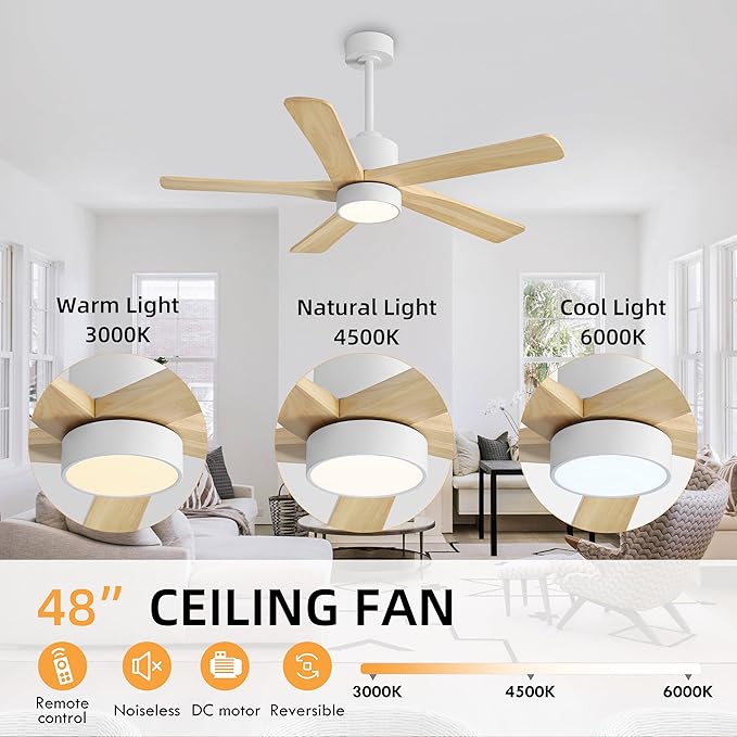 WINGBO 48 Inch DC Ceiling Fan with Lights and Remote Control, 5 Carved Solid Wood Blades, 6-Speed Noiseless Reversible DC Motor, Indoor Ceiling Fan in Gloss White Finish with Oak Blades