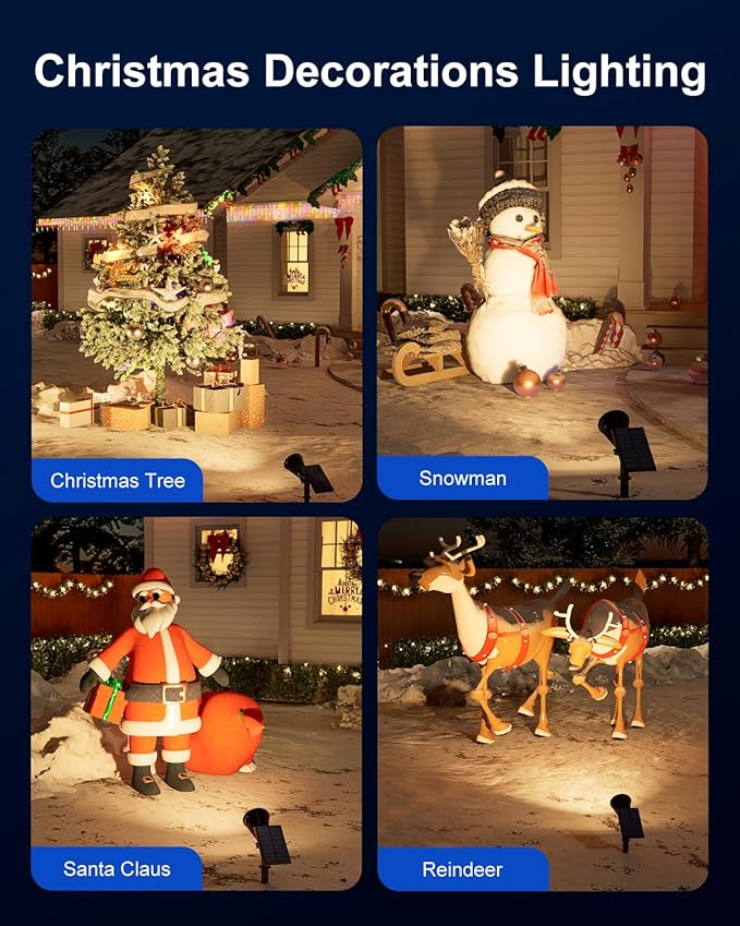 Solar Power Spot Lights Outdoor Waterproof for Christmas Decorations, Flag, Tree, Wreath, Santa Claus, Snowman, Bright LED Landscape Lamp Uplights for Outside Garden, Yard, Patio, Sidewalk,Warm White