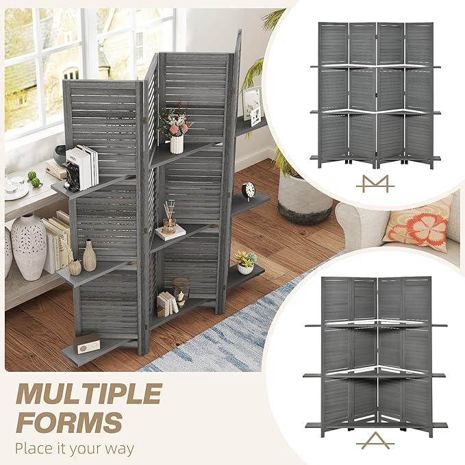 HOMCOM Room Divider, 4 Panel 67" Tall Wood Privacy Screen with 3 Display Shelves, and Folding Storage for Bedroom or Home Office, Gray