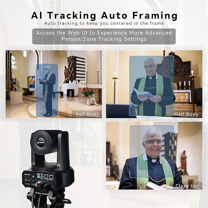 TONGVEO AI Auto-Tracking IP PTZ Camera SDI/HDMI/USB3.0/LAN PoE 30X Optical + 16X Digital Zoom 1080P 60fps for Live Streaming Church Services Education Video Conference with OBS vMix and More