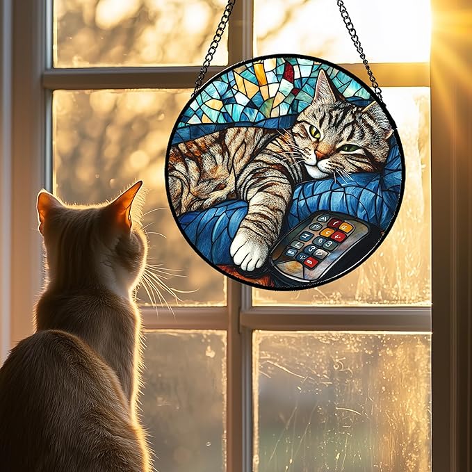 DASTOLL Stained Glass Window Hanging Gray Cat and Remote Control Large 11.8" - Suncatcher Door Garden Kitchen Sun Catcher Home Decor Birthday for Lost Pets Mom Men Woman Friend Grandma