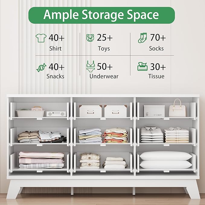 Xixini Fluted Dresser for Bedroom with 9 Drawers, 57" Wide Modern Chest of Drawers with Metal Handle, Wooden Dresser TV Stand, Wood Closet Clothes Storage Organizer for Living Room, Hallway, White