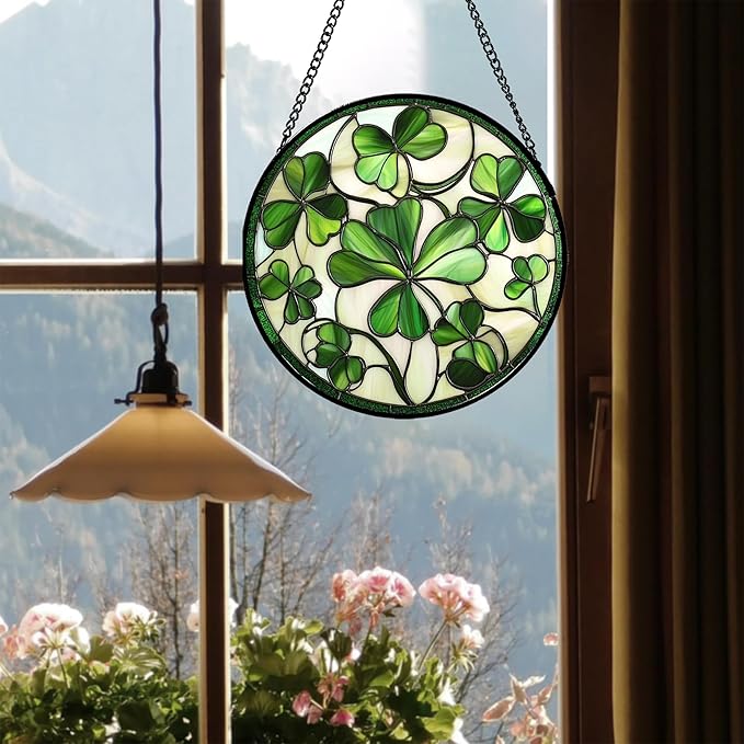 CRISGIF Stained Glass Window Hanging - Ireland Green Lucky Clover Suncatcher for Doors Garden St. Patrick's Day Sun Catchers Decor Mother's Day Birthday for Women Men Mom Nana 6.3 in