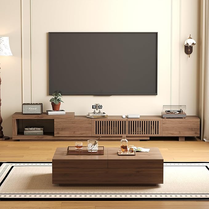 NessCarsti Mid-Century Modern TV Stand & Expandable Coffee Table Set, Walnut Finish, Stylish Storage Combo for Living Room or Bedroom (78.54“ to 103" TV Stand+Coffee Table)